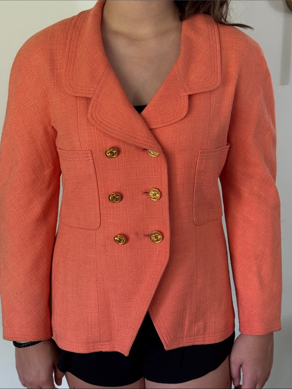 CHANEL Peach Tweed Double-Breasted Blazer with Gold Buttons